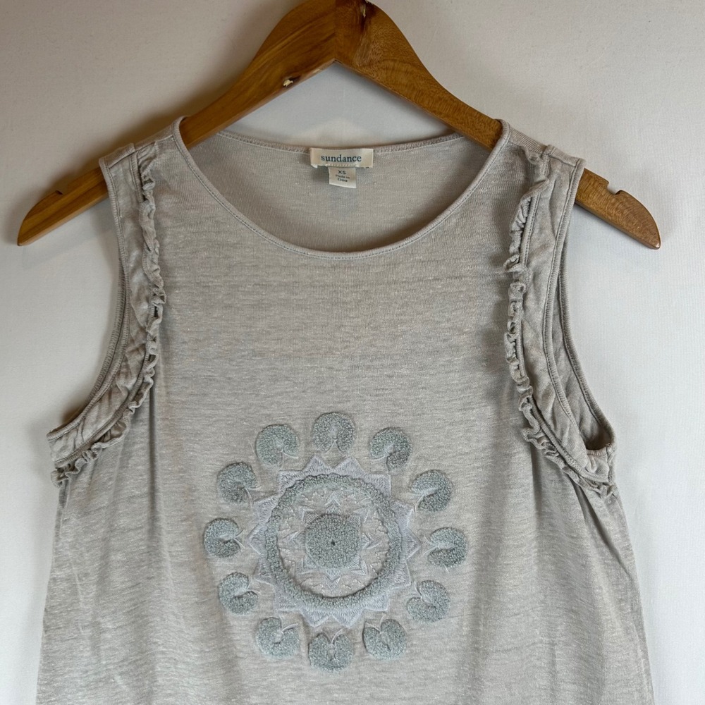Sundance Womens XS Linen Embroidered Medallion Ruffle Tank Top Oatmeal Gray - Picture 5 of 8